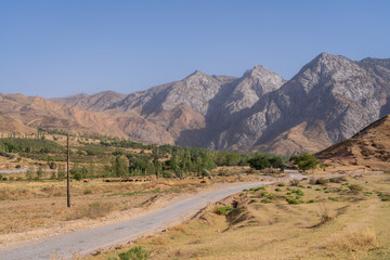 Scenic rural mountain landscape in Mazar-i-Sharif countryside near Penjikent or Panjakent, Sughd region, Tajikistan