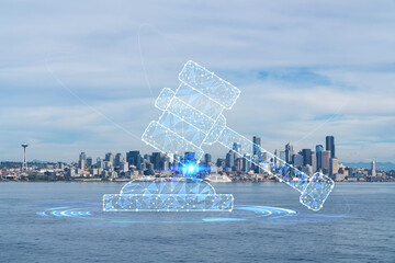 Seattle skyline with waterfront view. Skyscrapers of financial downtown at day time, Washington, USA. Glowing hologram legal icons. The concept of law, order, regulations and digital justice