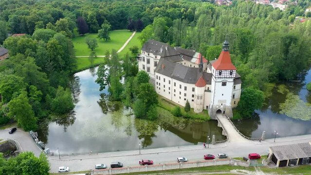 Blatna castle near Strakonice, Southern Bohemia, Czech Republic. Aerial view of medieval Blatna water castle surrounded parks and lakes, Blatna, South Bohemian Region, Czech Republic.