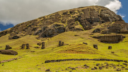 Moai statues in the Rano Raraku Volcano in Easter Island, Rapa Nui National Park, Chile
