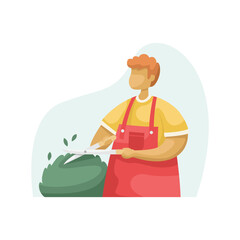 Vector illustration of a male gardener pruning a bush with a pruner. Flat style