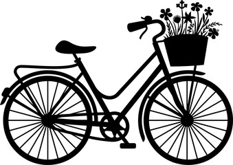 Retro bicycle with flowers black and white png illustration