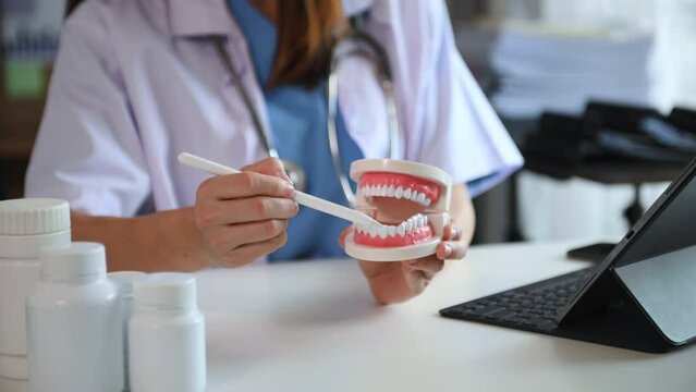 Concentrated dentist sitting at table with jaw samples tooth model and working with tablet and laptop in dental office professional dental clinic. 
