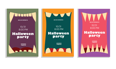 Invite card with monster open mouth for Halloween. Minimal scary vector illustration with vampire teeth