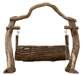 Isolates the rear seat bench swing hanging from a large tree with ivy, which has an old craft.