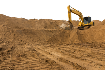 Loader backhoe parked there on the mountain, which has a large pile of sand in the wheel tracks below.
