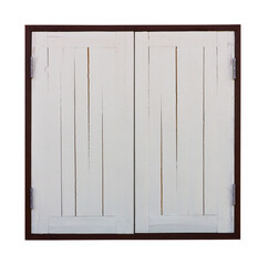 Isolates two old wooden windows painted white in a closed, dark brown frame.