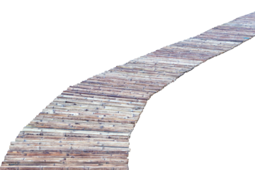 Isolates background bamboo bridge arranged in rows curved stretches of countryside in the early morning, with dew drops.