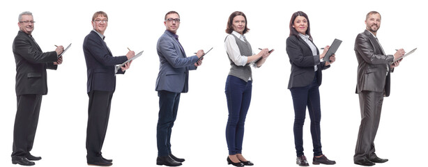 group of successful people with notepad in hands isolated