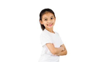 Young Asian girl standing with folded arms and smiling isolated on white background with clipping path.