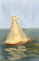 Oil  painting on paperboard "yellow buoy on the water against the blue sky". Sketch
