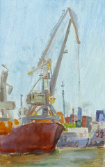 Oil painting on paperboard "Loading of the vessel in the port."  Vertical composition. Sketch.