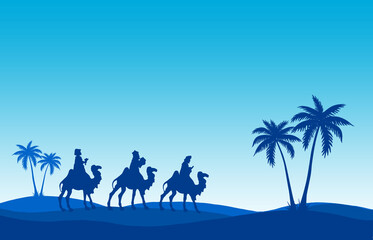 Three Wise Men travel in the desert. Greeting card background.