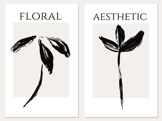 Hand drawn Watercolor Floral Aesthetic Abstract Posters. Black dry brush stroke abstract flowers. Vector