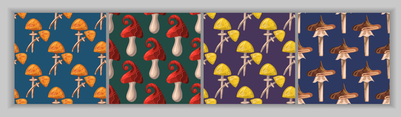 Set of seamless fantasy patterns of mushrooms, toadstools and fly agarics. Magic mushrooms. For textiles, wrapping paper