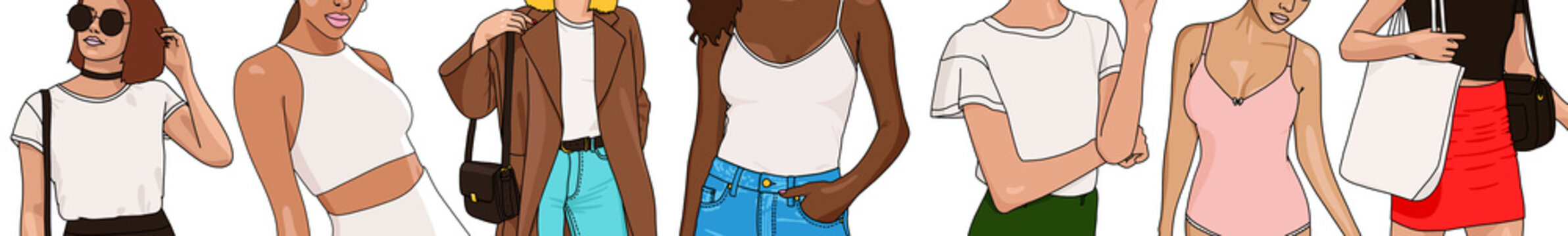 Illustration of diversity of women wearing different clothes with a variety of elements and skin colorsv