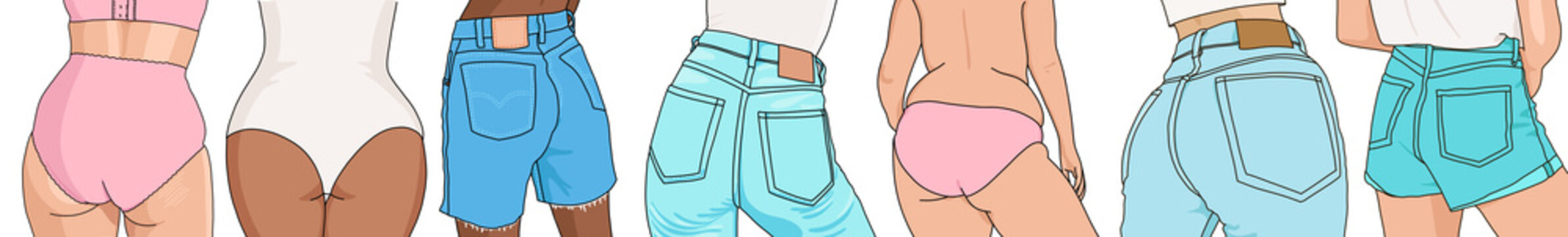 Illustrations of  different shape of women bums, different skin colors wearing jeans shorts and bikinis