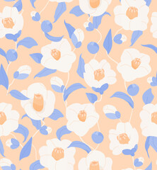 Cute Camellia flowers with leaves seamless vector pattern in pastel colors. Elegant decoration. Romantic floral background for branding, package, fabric and textile, wrapping paper