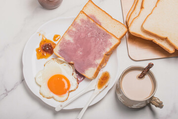 Fried eggs, bread, coffee, breakfast set