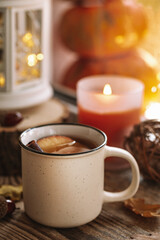  Mug of hot tea with apple and cinnamon on the autumn window. Autumn and fall cozy vertical postcard 