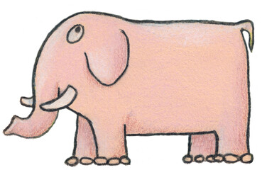 A pink elephant isolated on white background. Illustration made with colored pencils of a cute pink elephant.