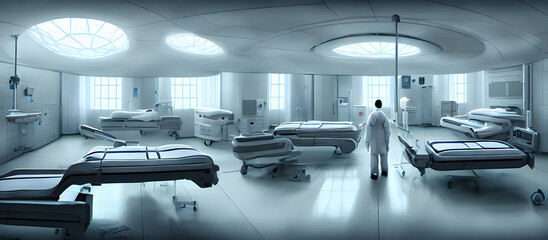 Artistic concept painting of a beautiful sci-fi futuristic hospital, with few peoples in the background. Tender and dreamy design, background illustration.