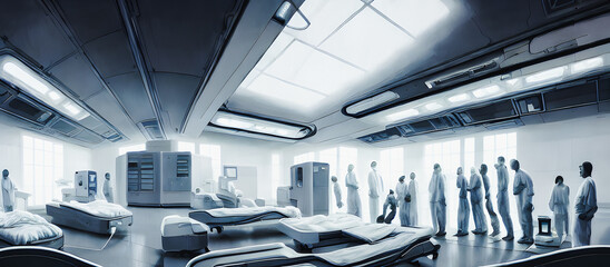 Artistic concept painting of a beautiful sci-fi futuristic hospital, with few peoples in the background. Tender and dreamy design, background illustration.