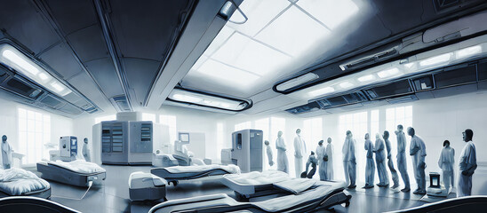 Obraz premium Artistic concept painting of a beautiful sci-fi futuristic hospital, with few peoples in the background. Tender and dreamy design, background illustration.