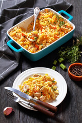 Chicken Pot Pie Fusilli pasta Bake in baking dish