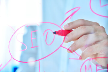 Hand with pen writing SEO diagram
