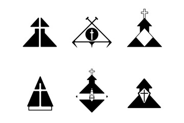Set of black churches logos with a cross on a white background