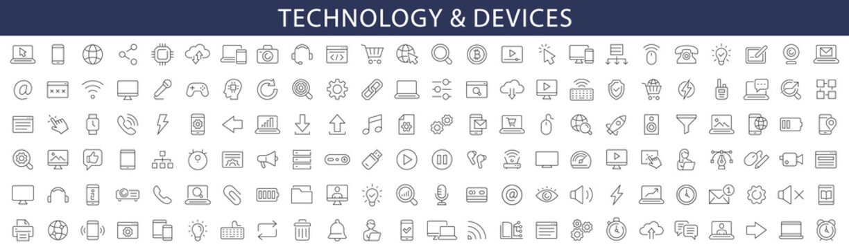 Technology and Device thin line icons set. Web icons. Computer, Smartphone, Tablet, Mail, Search, Tablet, Cloud, Media icon. Vector illustration