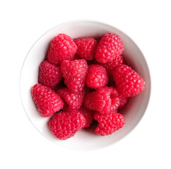 Plate of ripe juicy red raspberries isolated on white background