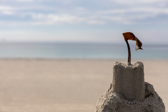 château de sable devant la mer avec drapeau