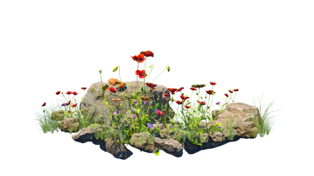 Small garden consists of stone bush and flowers with isolated background