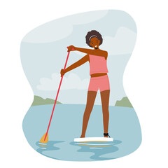 Woman Paddling on SUP Board. Young Female Character in Swimwear Holding Paddle Stand on Surfboard, Water Sport Activity
