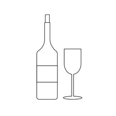 image of a black and white icon of a bottle of wine and a glass on a white background