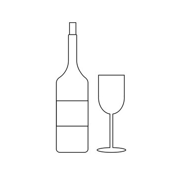 image of a black and white icon of a bottle of wine and a glass on a white background