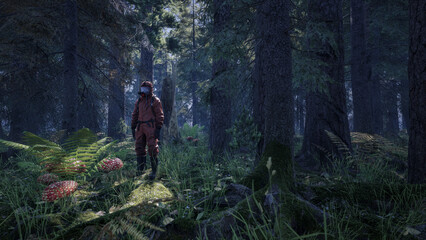A man wear protective toxic mask in the jungle. Future earth environment pollution concept. 3d rendering