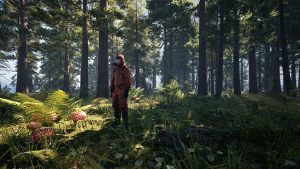 Fototapeta premium A man wear protective toxic mask in the jungle. Future earth environment pollution concept. 3d rendering