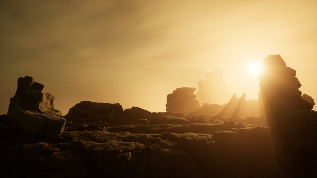 Planet Iceland Mars at sunset, the surface of Mars, canyons on Mars, 3D rendering. 3d rendering