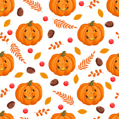 Seamless pattern with Halloween pumpkins, autumn leaves, fir cones and red berries. October harvest. Vector illustration for fabrics, textures, wallpapers, posters, cards. Editable elements.