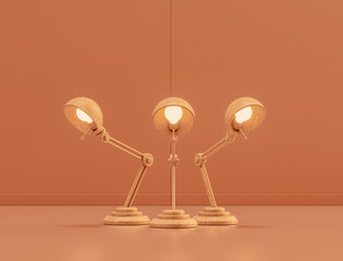 Wooden group of table lamps in monochrome room, 3d Rendering