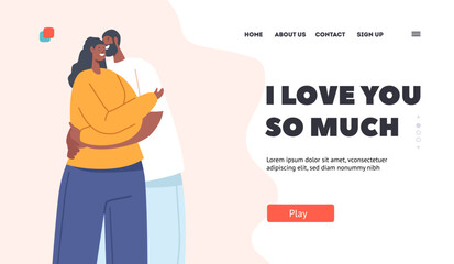Strong Family Landing Page Template. Happy African Man and Woman Hugging. Loving Couple Romantic Relations