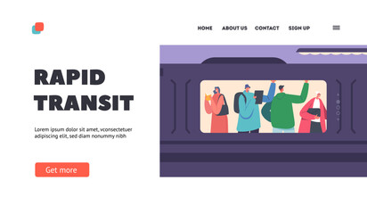 Rapid Transit Landing Page Template. People in Metro, Subway Train. Men and Women Passengers in Public Transport