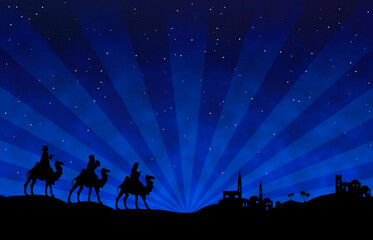 Christmas Nativity Scene black silhouette on blue background