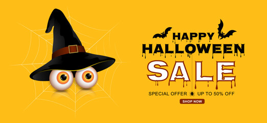 happy halloween sale trick or treat banner template eyes with witch hat, bats and spider web on yellow background decoration for poster, flyer, web, sticker and card
