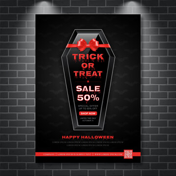 Happy halloween sale trick or treat poster template coffin with red bow, bats, and spider web on black brick wall background decoration for banner, flyer, web, coupon and card vector illustration