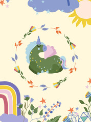 Fantastic cute Unicorn with colorful the tail and wreath around, rainbow, cloud, flowers and leaves.Poster with magical horse can be used as creating card, banner, birthday and other holidays.Vector. 
