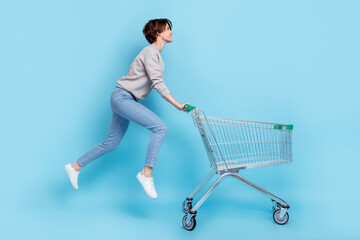 Full size profile photo of short hairdo millennial lady run shopping wear shirt jeans sneakers...
